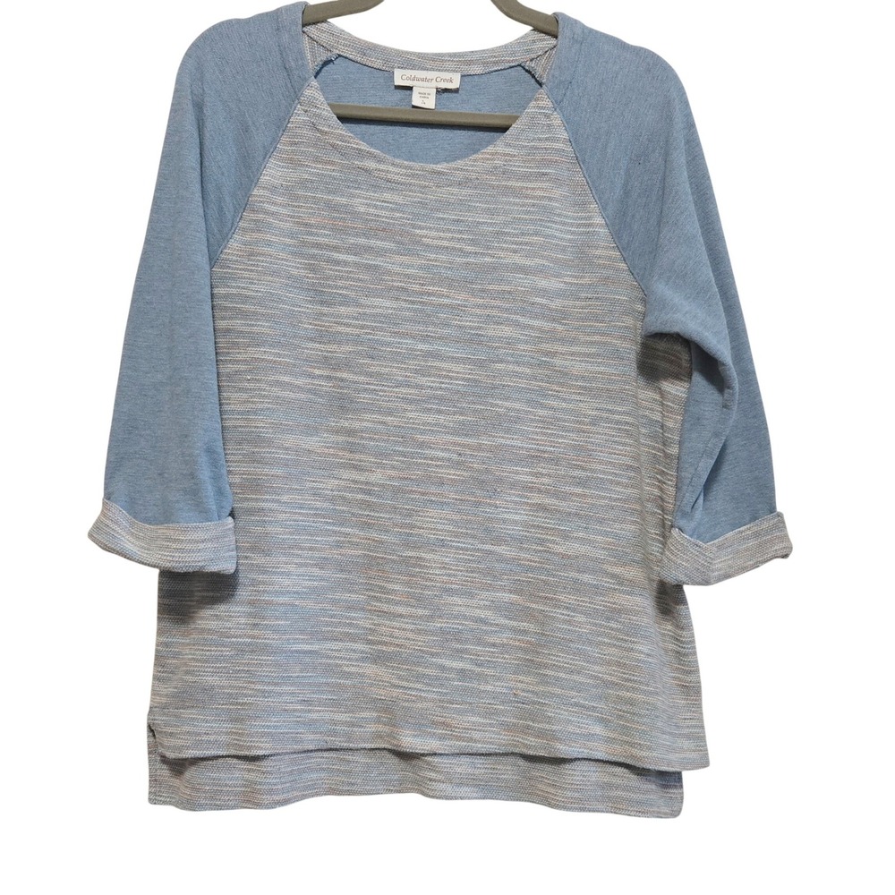 Coldwater Creek Blue Space Dye Raglan 3/4 Sleeve Cotton Knit Top Womens Large 14